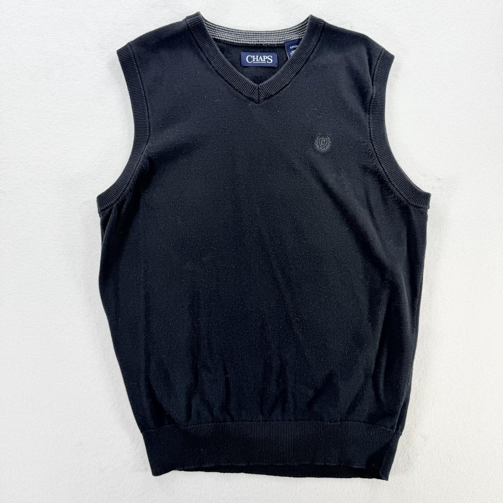 Chaps Sweater Vest Mens Small Black V Neck Cotton Knit Pullover Logo Embroidered